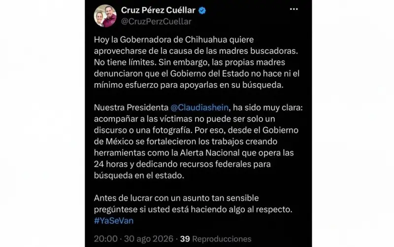 Cruz Pérez Cuéllar acusa a Maru Campos de “lucrar” con causa de madres buscadoras