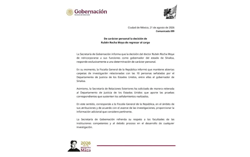 Se deslinda el Gobierno de Sheinbaum del regreso de Rocha
