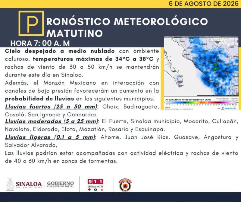 Prevén lluvias fuertes en zonas serranas de Sinaloa y temperaturas de hasta 38 grados este jueves