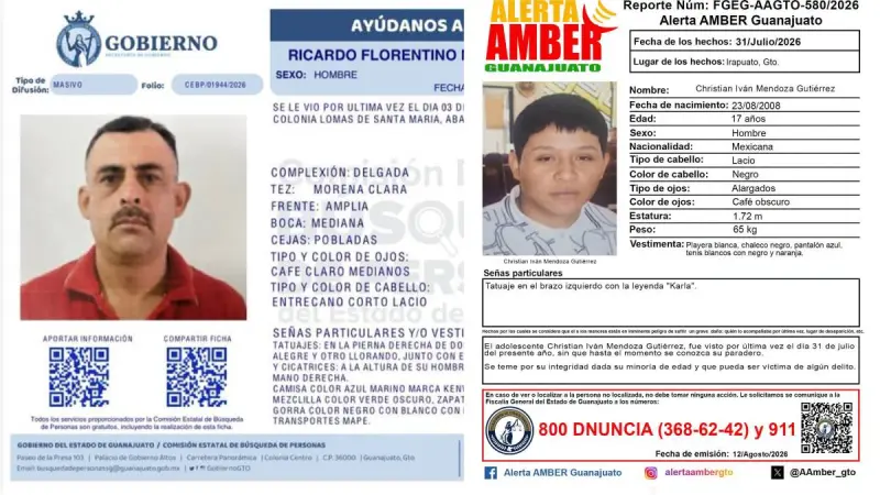 Buscan a Christian de 17 años y a Ricardo de 43; desaparecieron en Irapuato y Abasolo