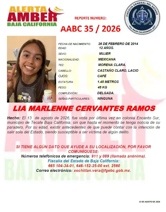 Activan alerta Amber por Lia Marlenne Cervantes Ramos