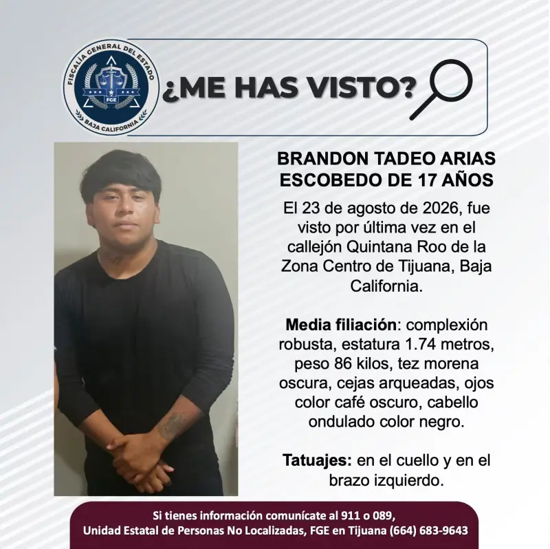 Se busca Brandon Tadeo Arias Escobedo de 17 años