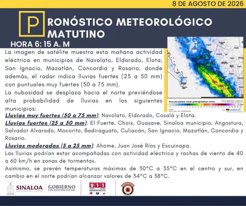 Prevén lluvias fuertes y actividad eléctrica en Sinaloa este sábado