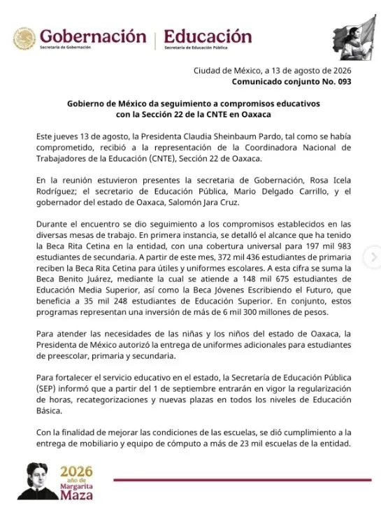 Catalogan como ordenada reunión entre Sheinbaum-CNTE Oaxaca
