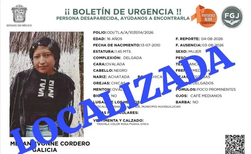Localizan con vida a adolescente desaparecida en Huixquilucan