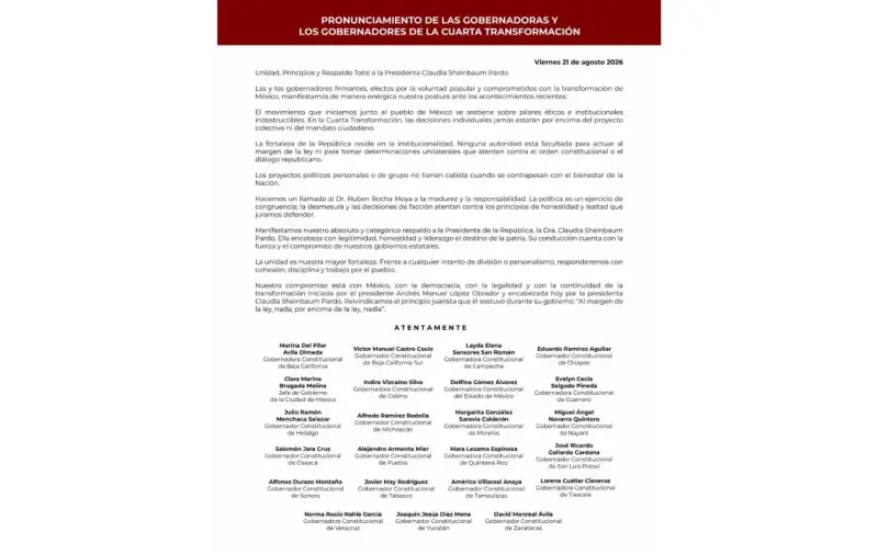 Gobernadores de Morena reprochan a Rocha Moya su regreso a Sinaloa