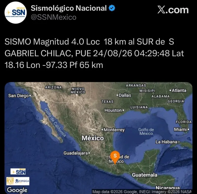 Sismo de 4.0 en San Gabriel Chilac no deja daños ni personas lesionadas