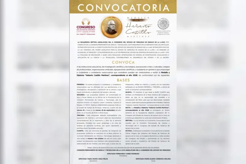 Abren Convocatoria para otorgar Medalla Heberto Castillo Martínez 2026