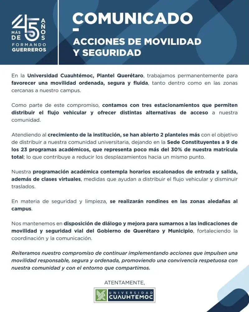 Universidad Cuauhtémoc anuncia acciones para mejorar movilidad y seguridad en su campus de Querétaro