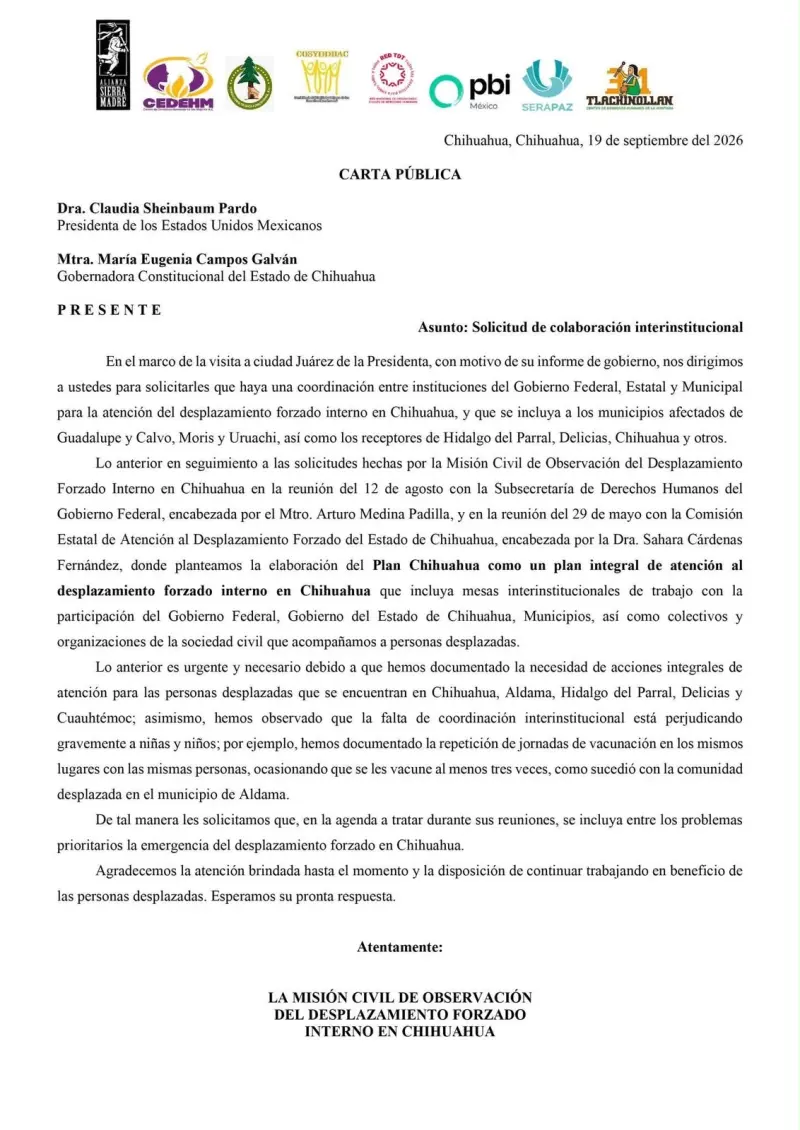 Piden a Sheinbaum y Maru Campos atender desplazamiento forzado en Chihuahua