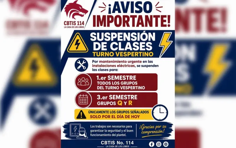 Suspenden clases vespertinas en CBTIS 114; no tienen luz