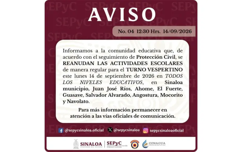 Reanudan clases vespertinas en nueve municipios de Sinaloa tras lluvias