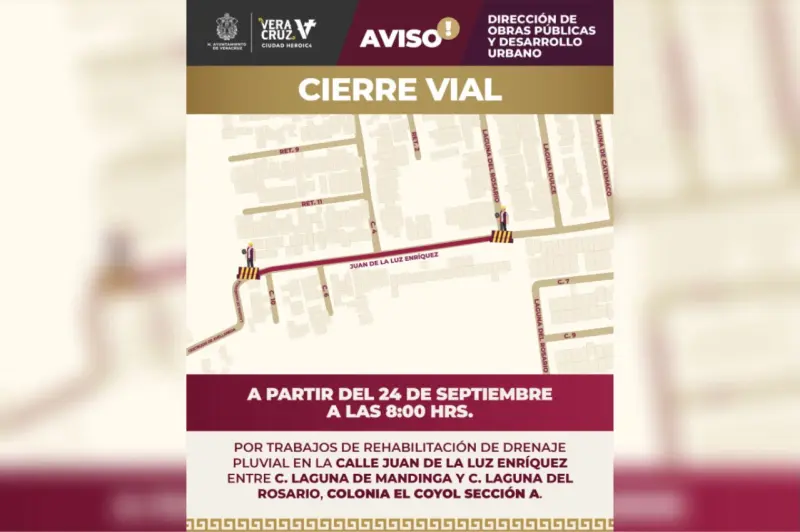 Anuncia Ayuntamiento de Veracruz cierre vial por obras en El Coyol