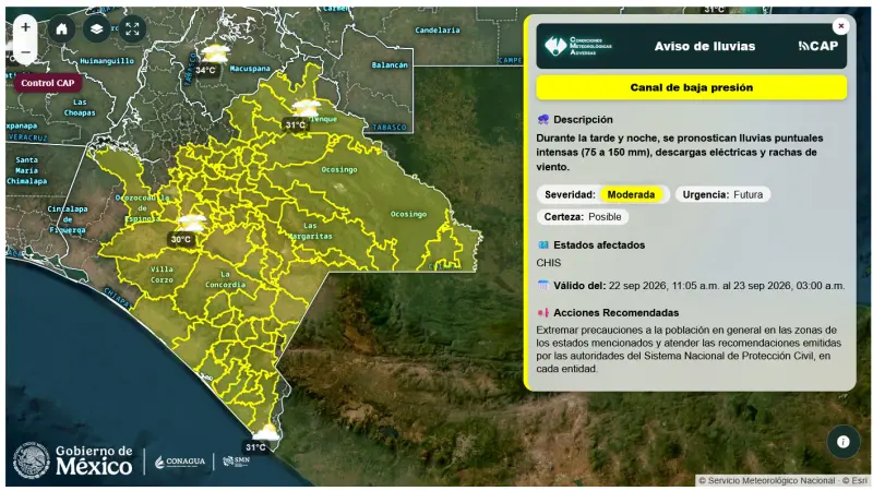 Alerta Chiapas por lluvias, rachas de viento y descargas eléctricas