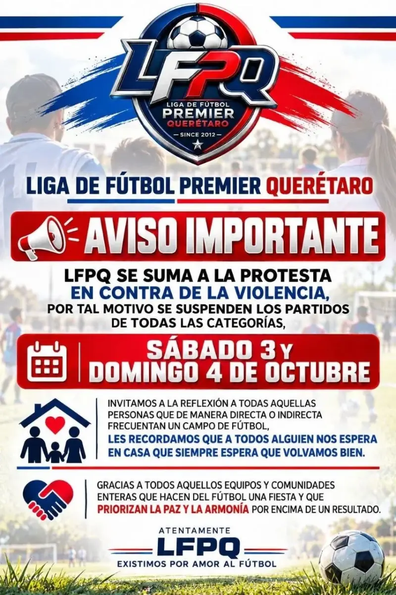 Ligas de futbol de Querétaro se suman al freno por violencia; Liga Premier cancela partidos