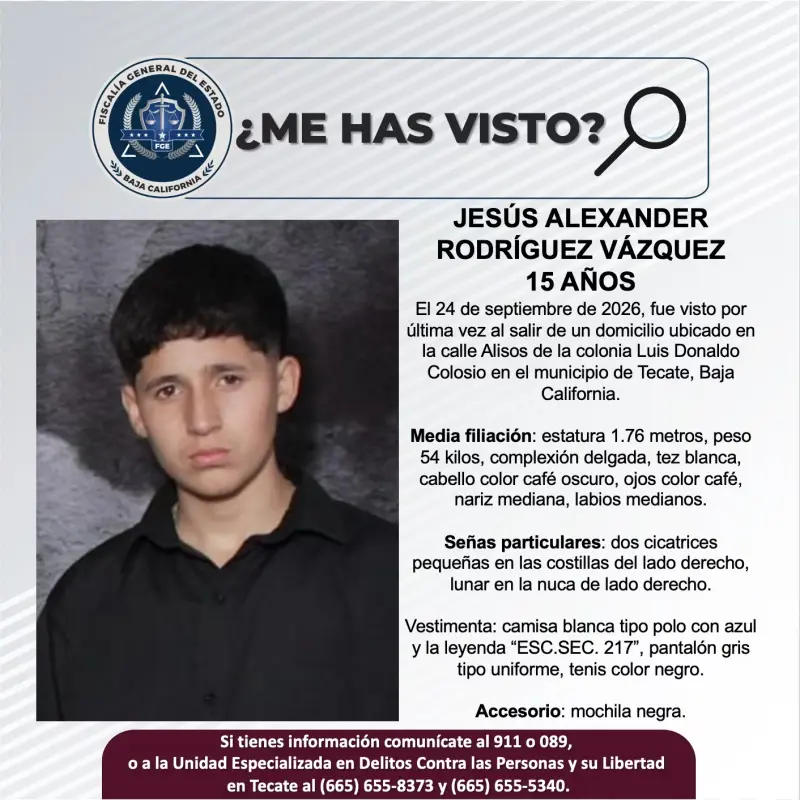 Se busca a Jesús Alexander Rodríguez Vázquez de 15 años