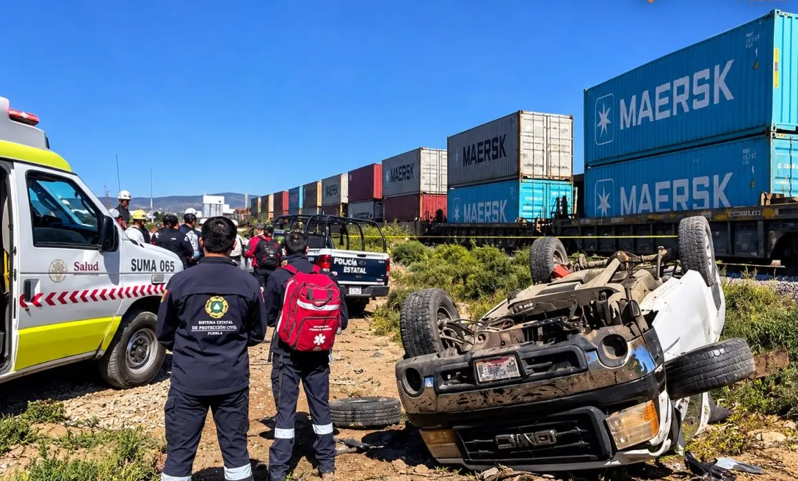 Tren embiste camioneta en Puebla; reportan un muerto y 7 heridos