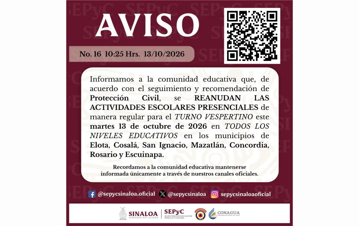 Reanudan clases vespertinas en siete municipios de Sinaloa