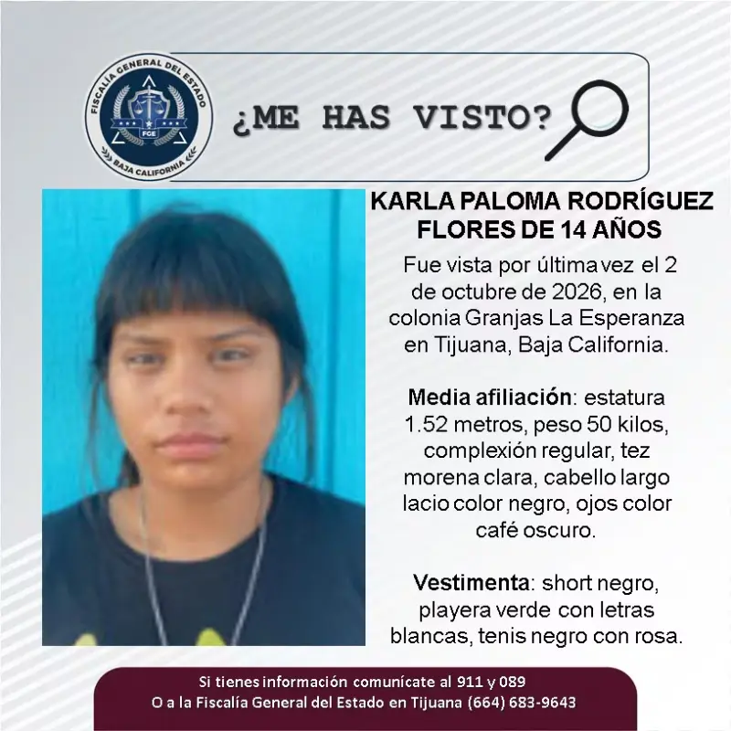 Se busca a Karla Paloma Rodríguez Flores de 14 años