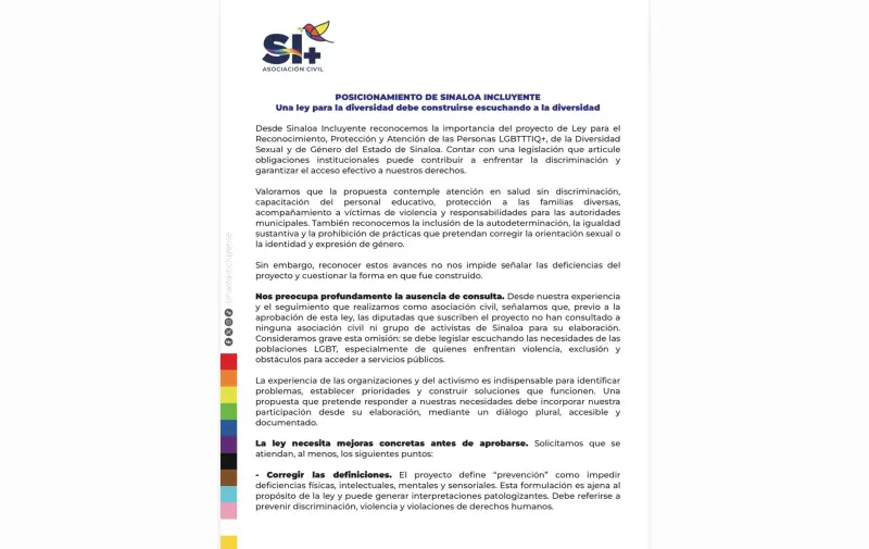 Sinaloa Incluyente cuestiona falta de consulta en iniciativa de ley LGBT