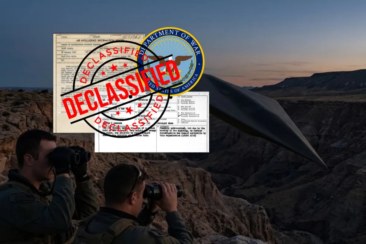 Agentes estadounidenses declararon observar OVNI de forma triangular, color negro mate de más de 4 metros, que ascendió y aceleró sin emitir sonido, de acuerdo con un informe de avistamiento de 2026 incluido en los nuevos documentos desclasificados sobre 
