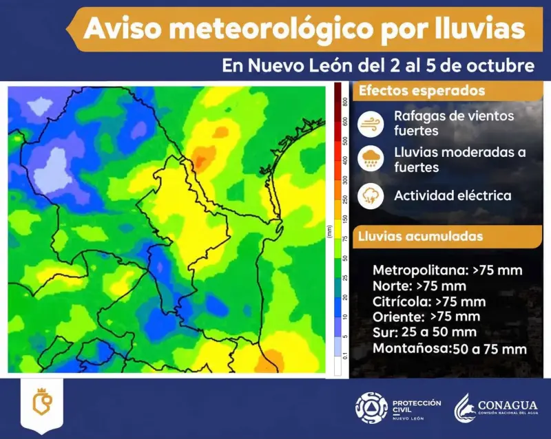 Mantiene primer Frente Frío lluvias en Nuevo León