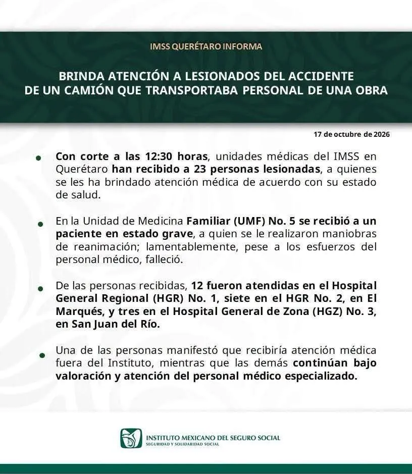 Accidente de camión que transportaba trabajadores deja dos fallecidos y 23 lesionados en Querétaro