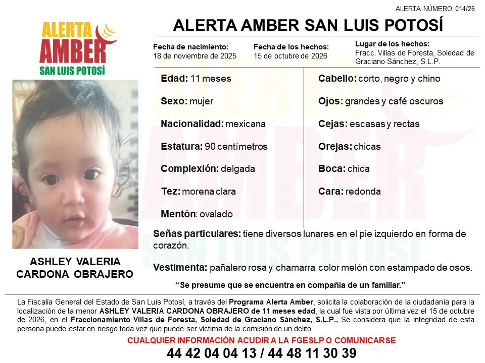 Activan Alerta Amber por desaparición de bebé de 11 meses en Soledad