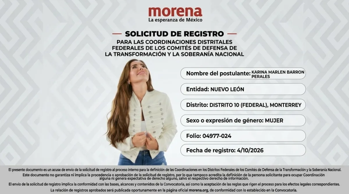 Karina Barrón quiere ser diputada federal por Morena; se registra en línea