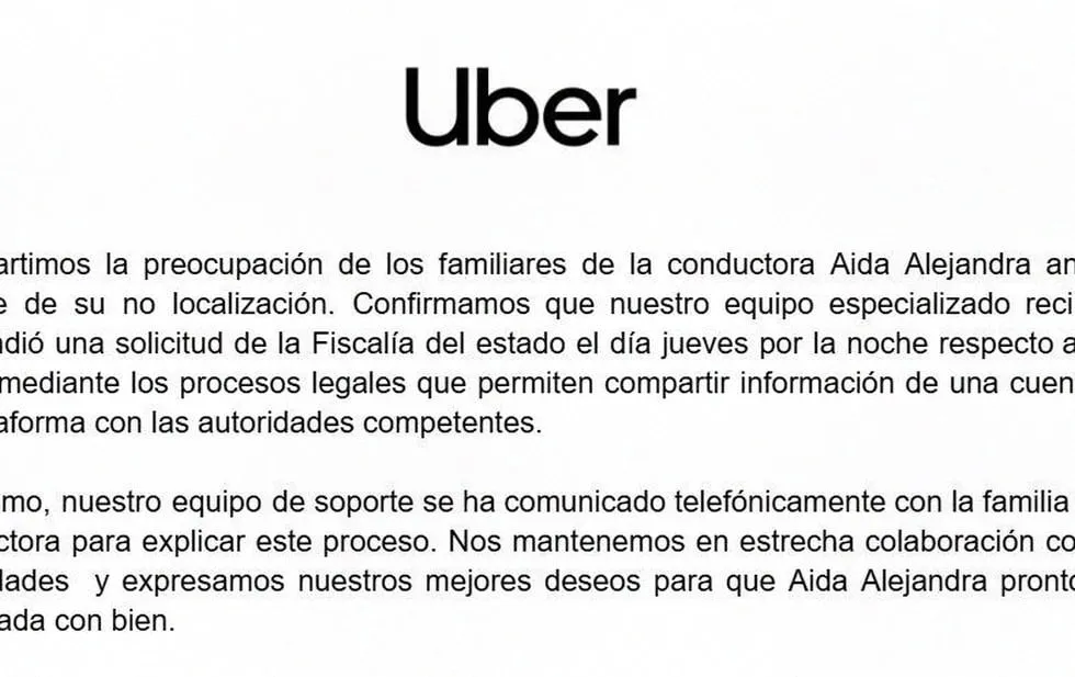 Compartió Uber datos previo a localización de conductora