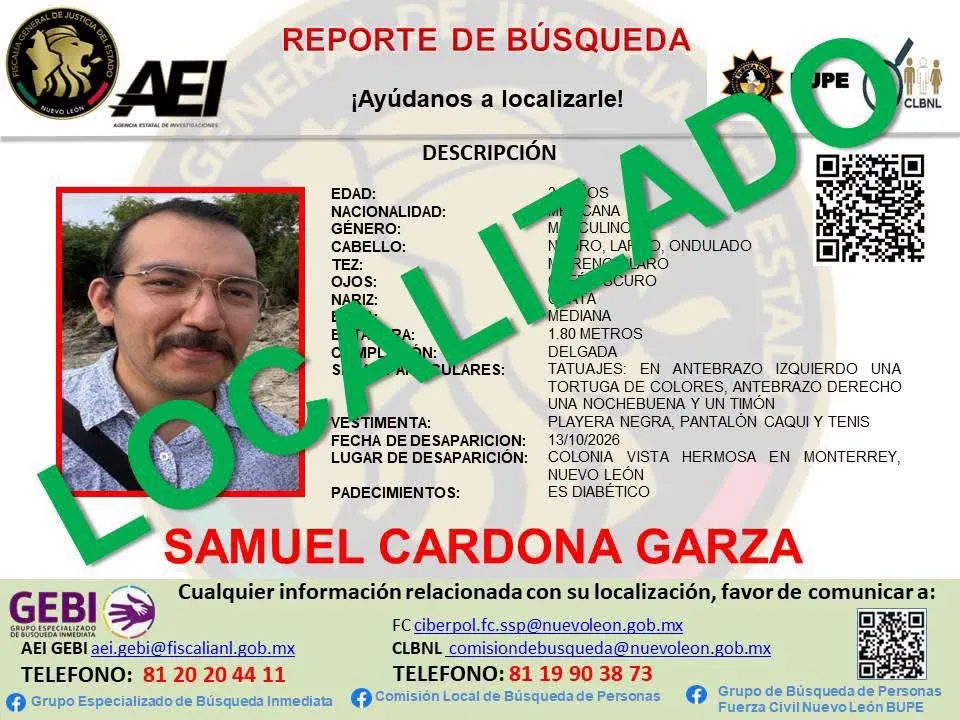 Localizan con vida y sin aparentes huellas de violencia a Samuel Cardona en NL