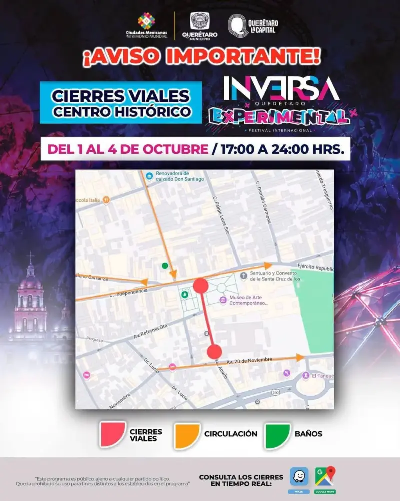 Anuncian cierres viales en el Centro Histórico por el Festival Querétaro Experimental