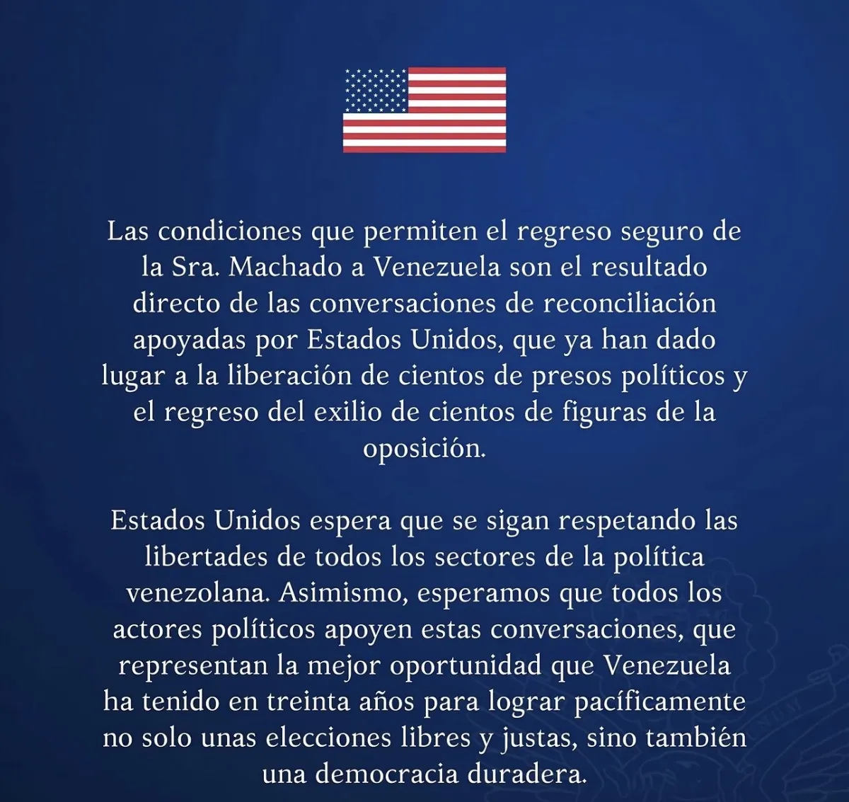 Estados Unidos atribuye regreso de María Corina Machado a Venezuela al diálogo político