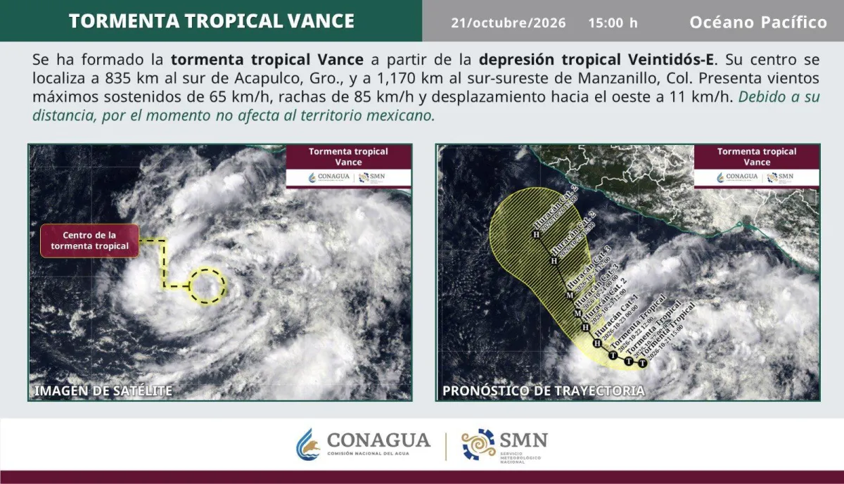 Tormenta tropical Vance se forma frente a costas de Oaxaca y Guerrero