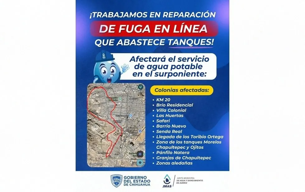 Advierte JMAS de fallas en suministro en estas colonias por reparaciones