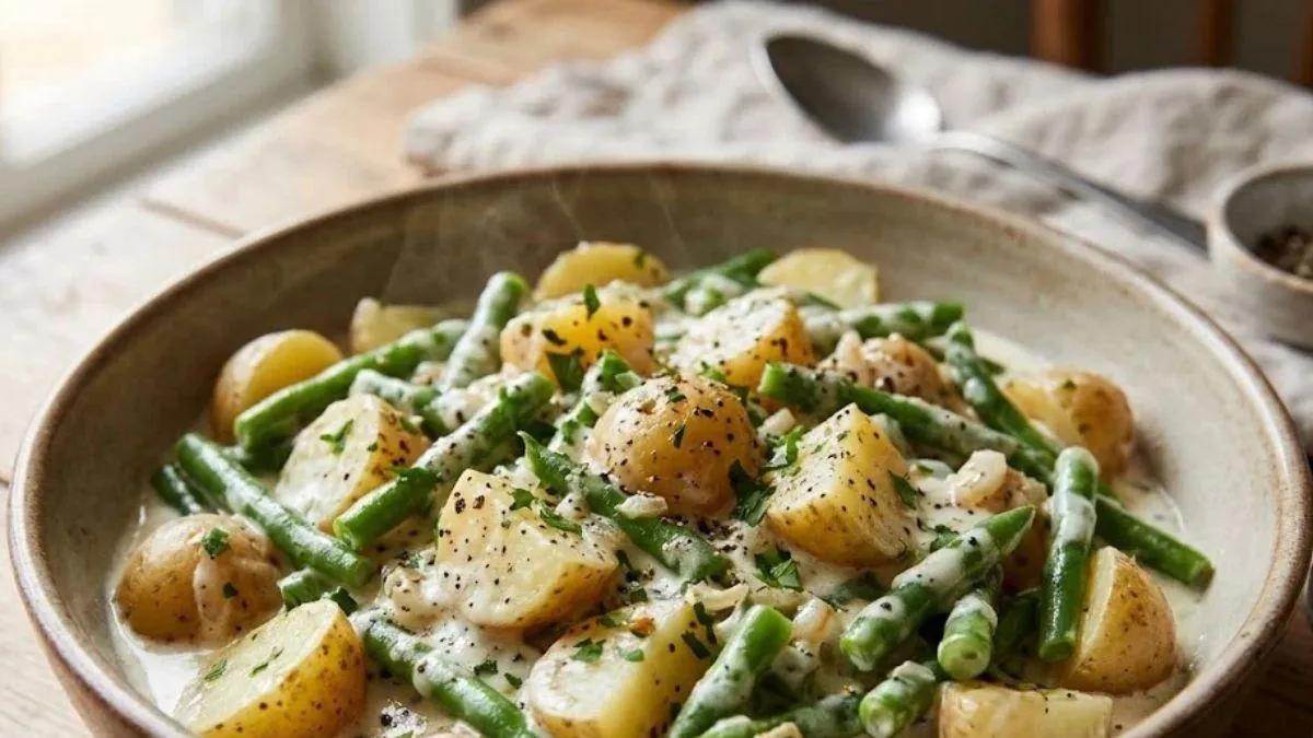 Guarnición de papas y ejotes con crema