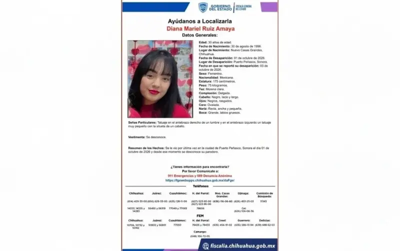 Desaparece chihuahuense en Sonora; piden informes para localizarla