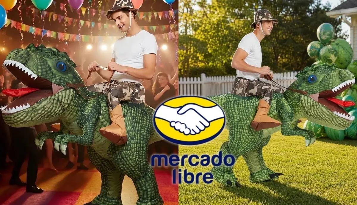 El disfraz inflable de T-Rex que se vende en Mercado Libre con 43 por ciento de descuento e incluye sistema de inflado