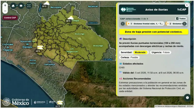 Alerta de lluvias en Chiapas provocada por una zona de baja presión