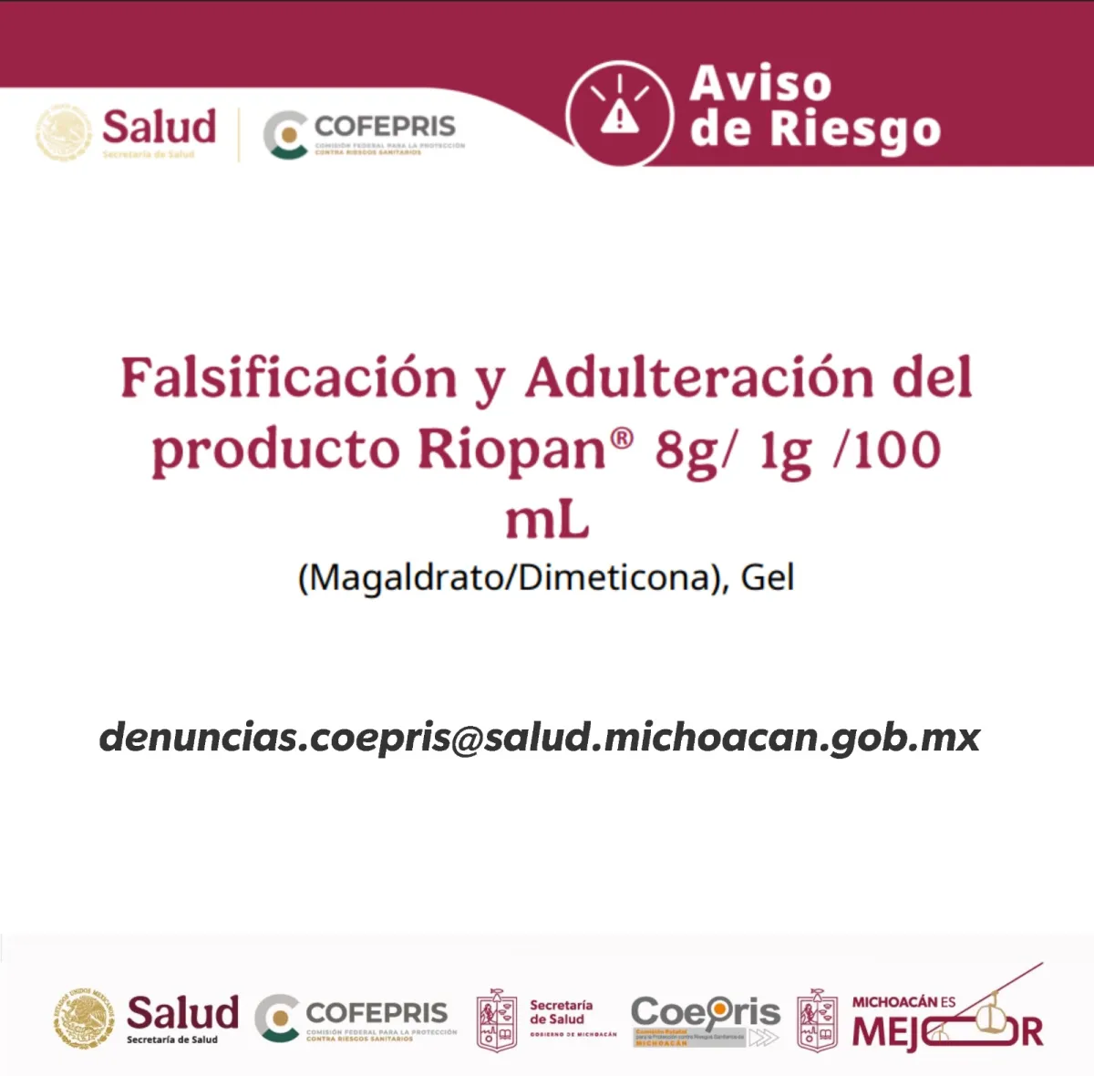 Alerta Cofepris sobre falsificación y adulteración de Riopan Gel