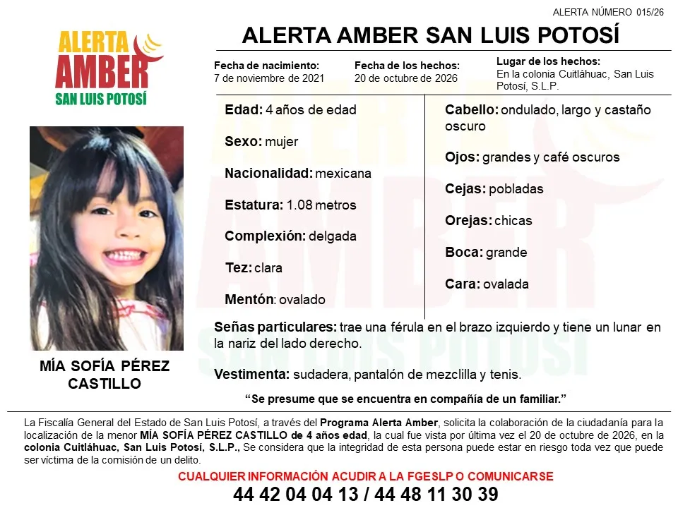 Activan Alerta Amber por desaparición de niña de 4 años en SLP