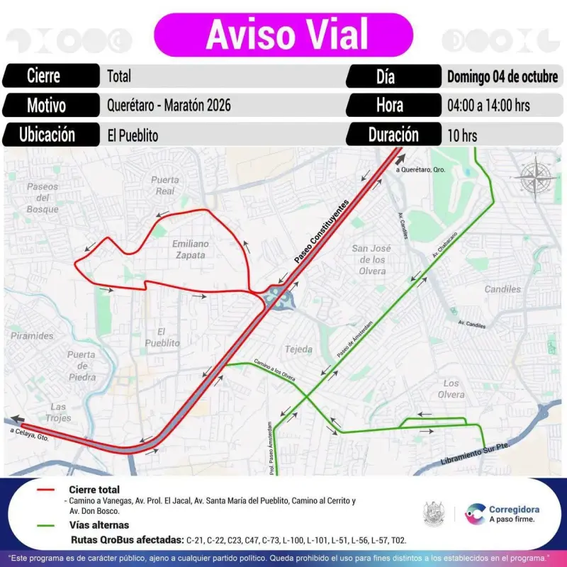 Estos son los cierres viales en Corregidora por el Querétaro Maratón 2026