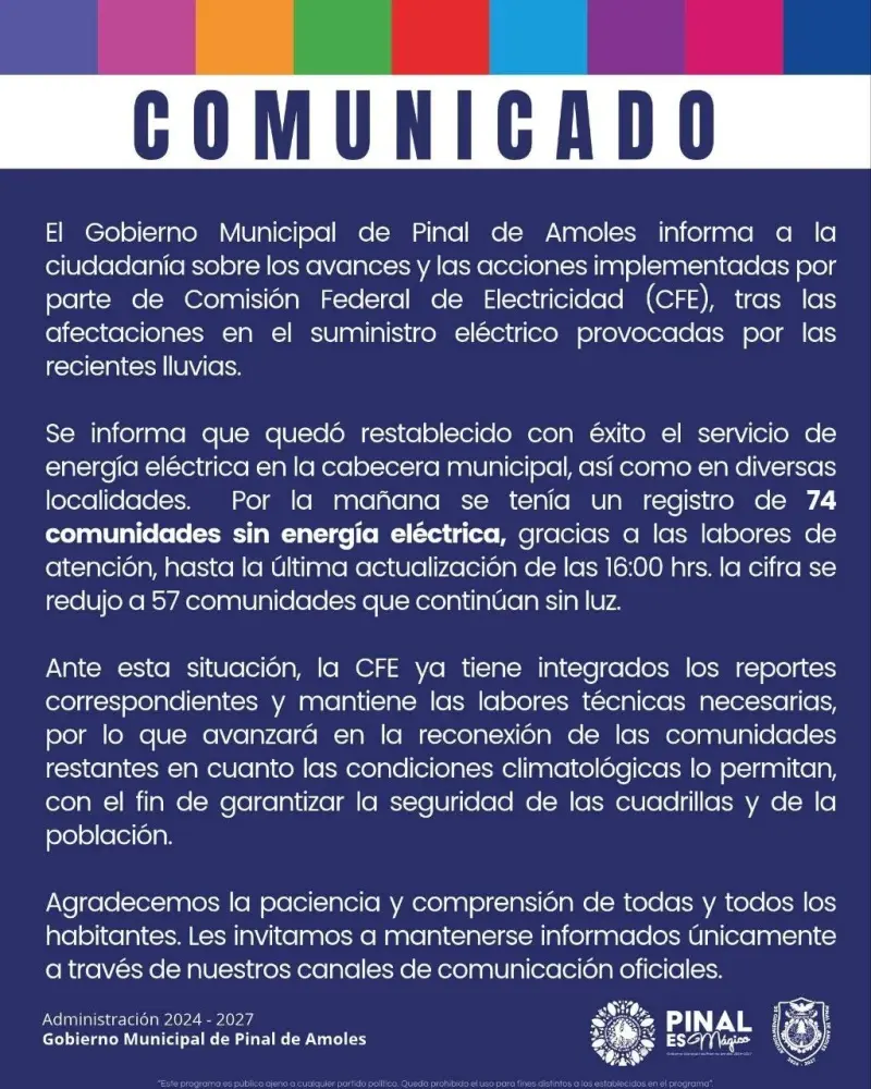 57 comunidades de Pinal de Amoles continúan sin energía eléctrica tras lluvias