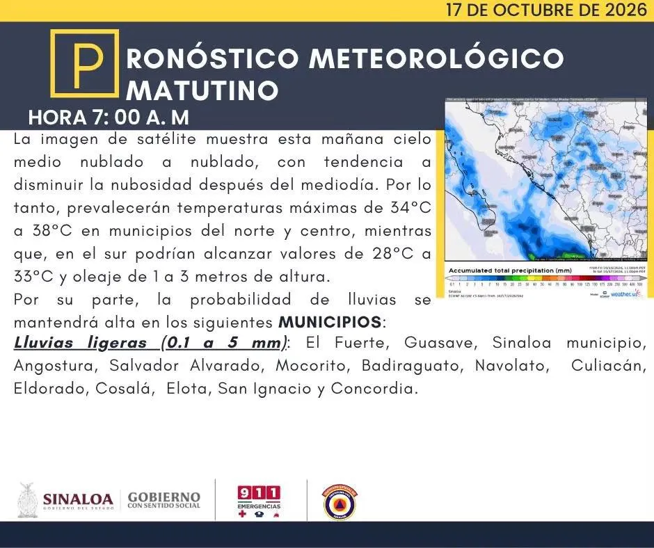 Prevén lluvias ligeras en 14 municipios de Sinaloa este sábado