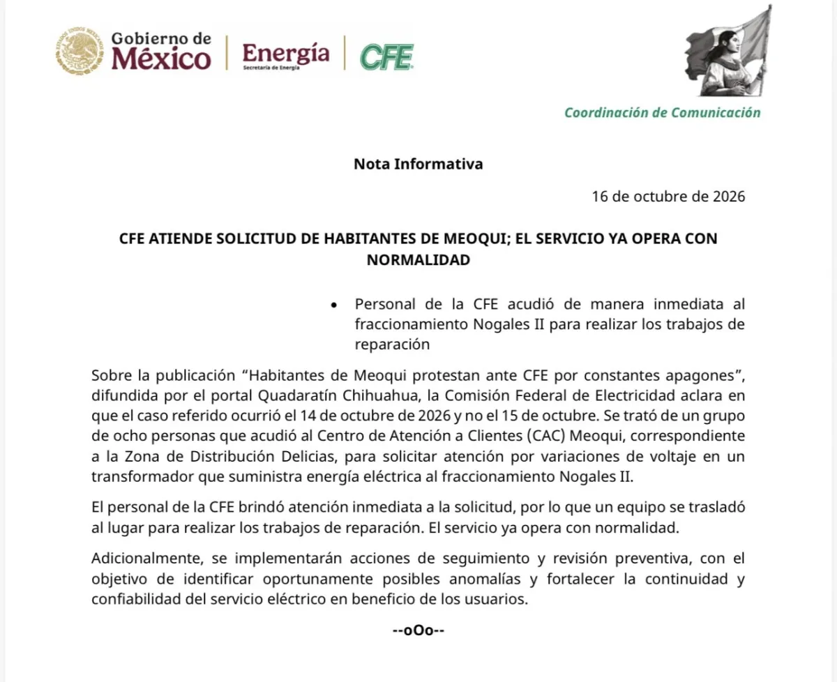 CFE restablece servicio eléctrico en Meoqui tras quejas de vecinos por apagones