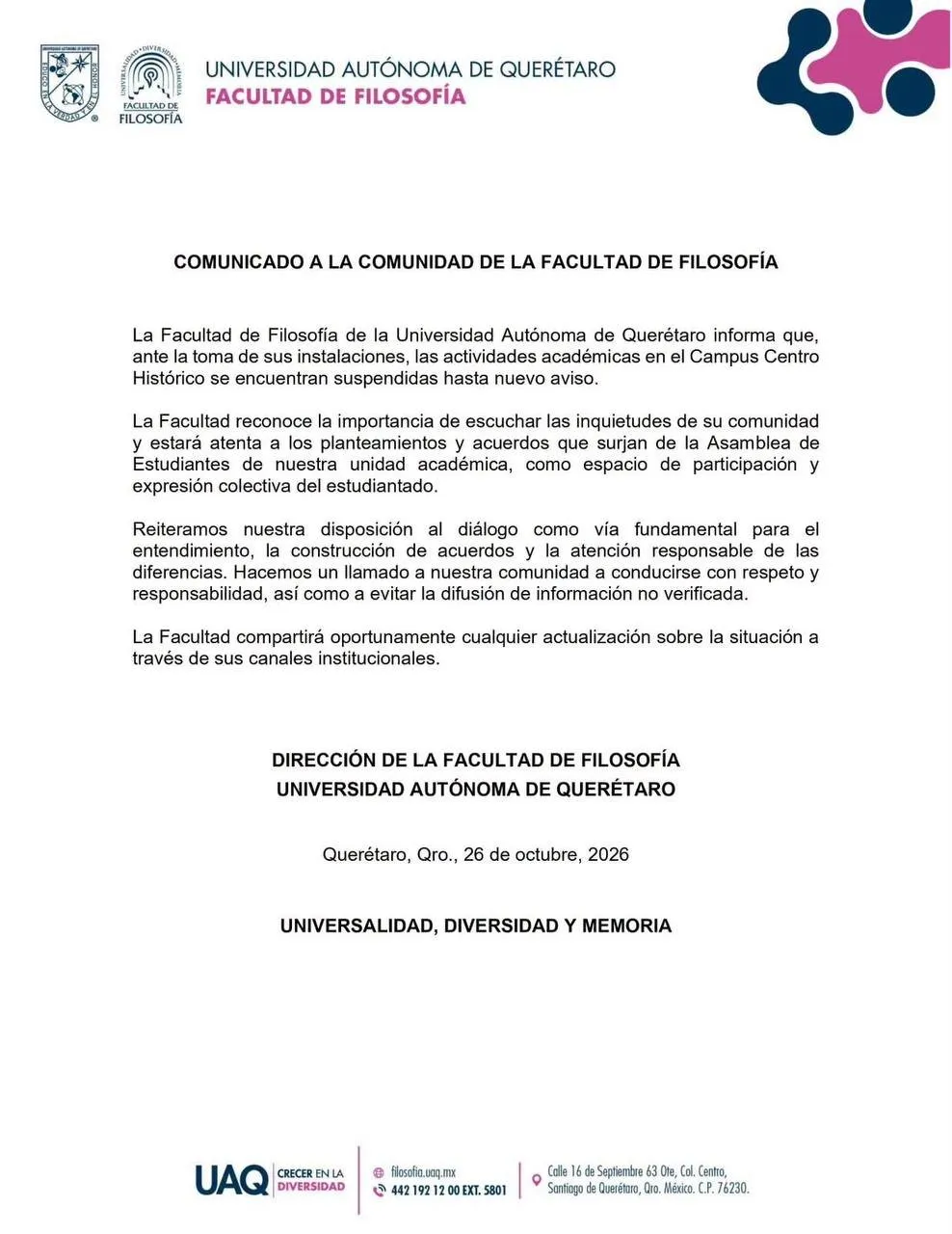 Facultad de Filosofía de la UAQ mantiene suspendidas sus actividades en el Centro Histórico